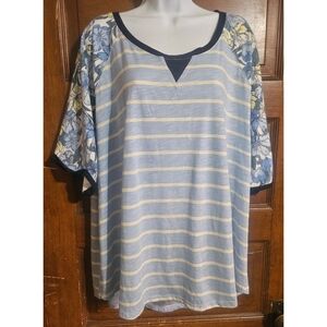 Cato Plus Size Woman's Striped Floral Sleeve Casual Top